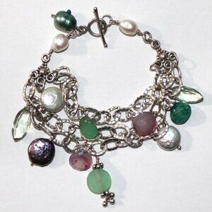 Sterling Silver Chunky Beaded Three Strand Chain Bracelet